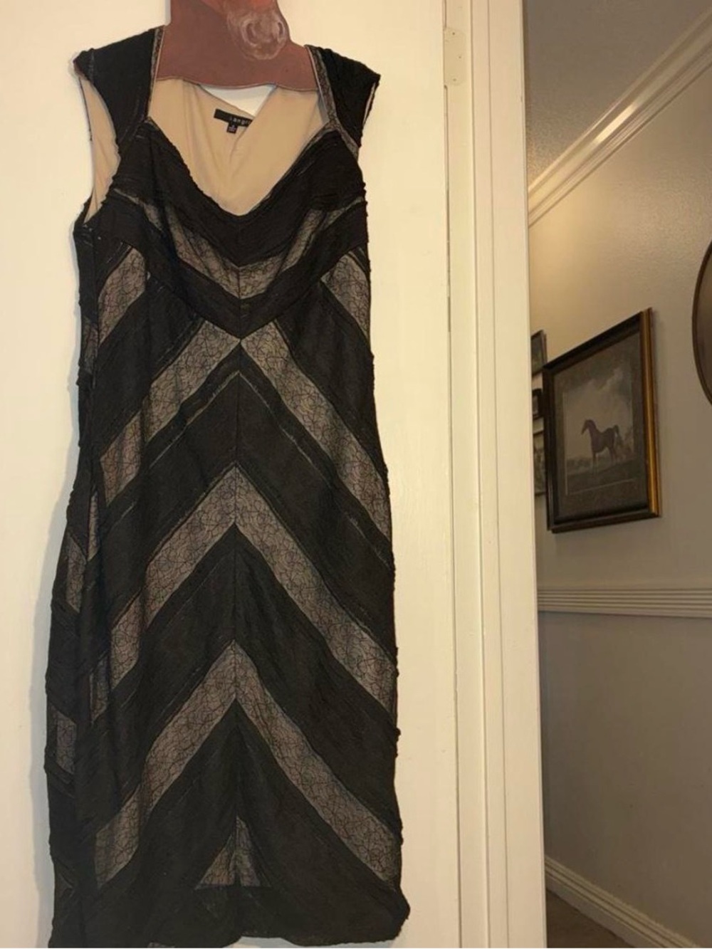 Signature by Sangria Black Chevron Lace Midi Dress with Nude Underlayer